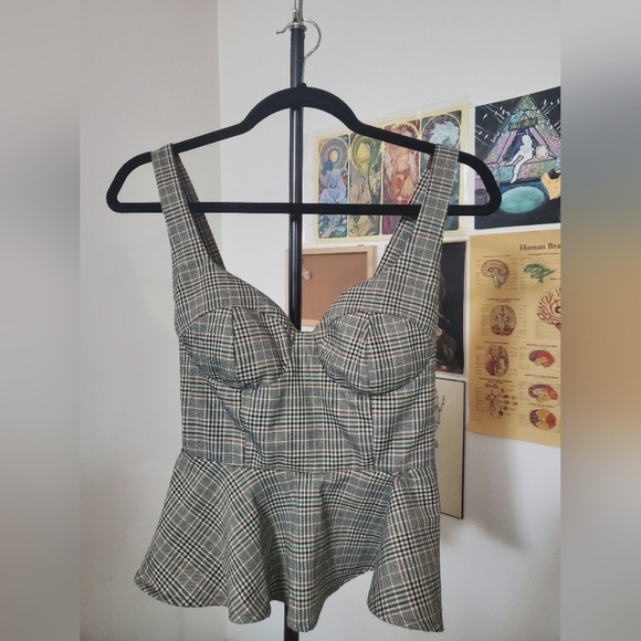 Green/brown plaid bustier top - Picture 1 of 2